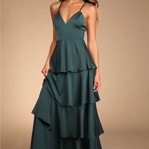 Lulus going with elegance emerald green satin tiered maxi dress